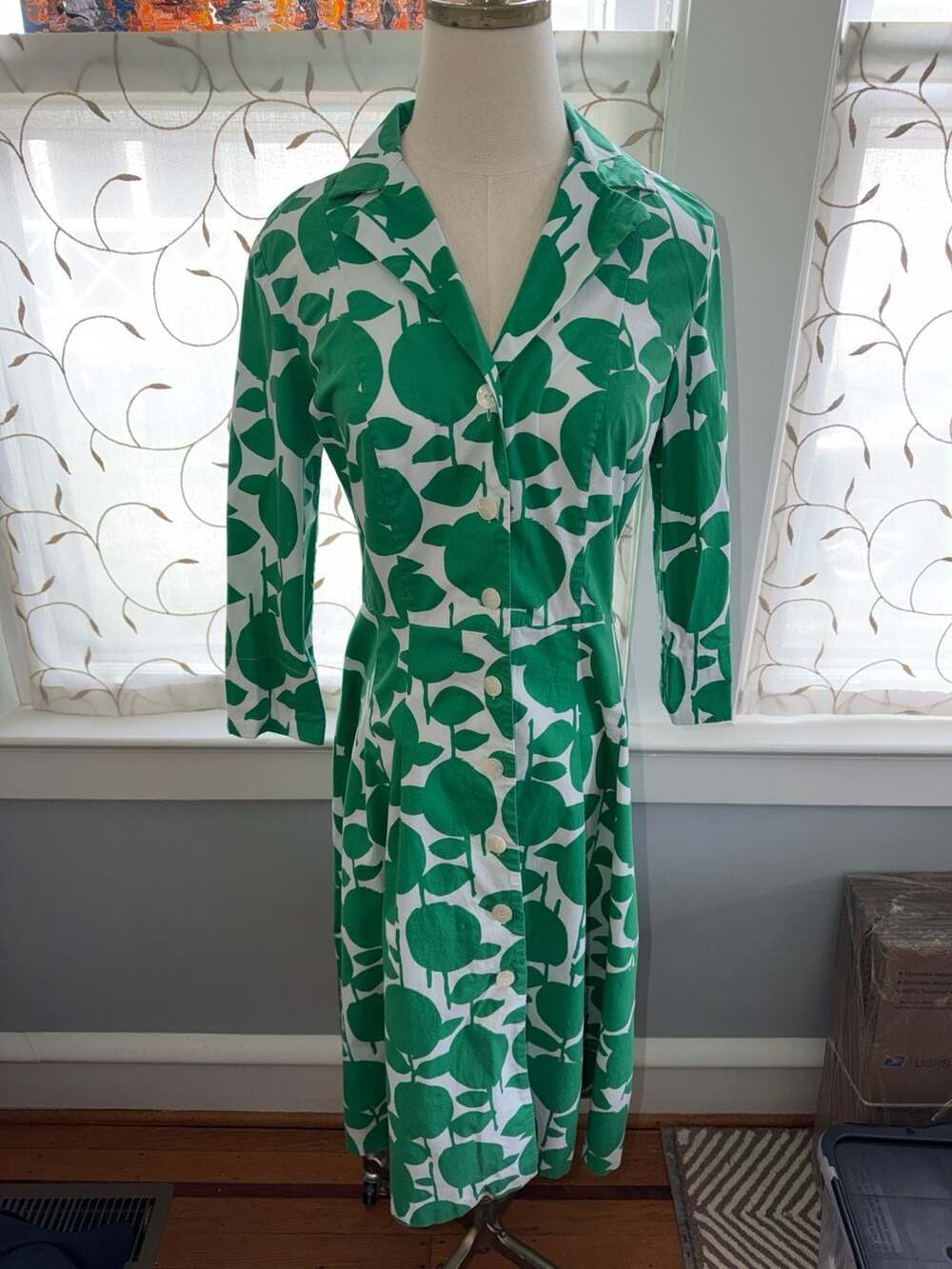 Boden Green and White Abstract Fruit Print Cotton Shirt Dress